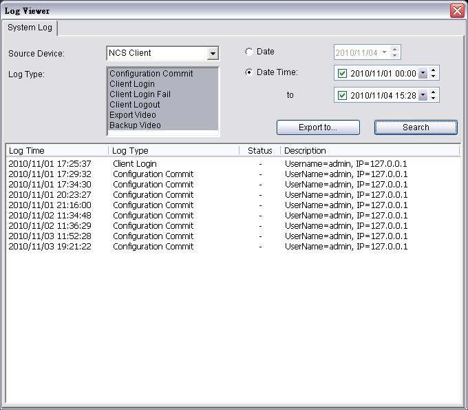 Pick a source device: NCS Server, NCS Client, Recording Server or All. 2. Choose from a list of log types.