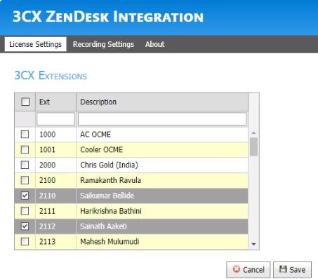 License Settings License Settings screen enables you to choose which extensions can access 3CX Plug-in for Zendesk. 1.