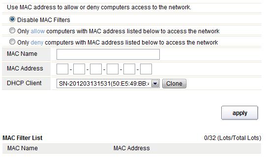 You can select to enable or disable IP/Port Filtering function. By default, it is disabled. IP Address: the IP address range that you want to filter. Port: the Port address that you want to filter.