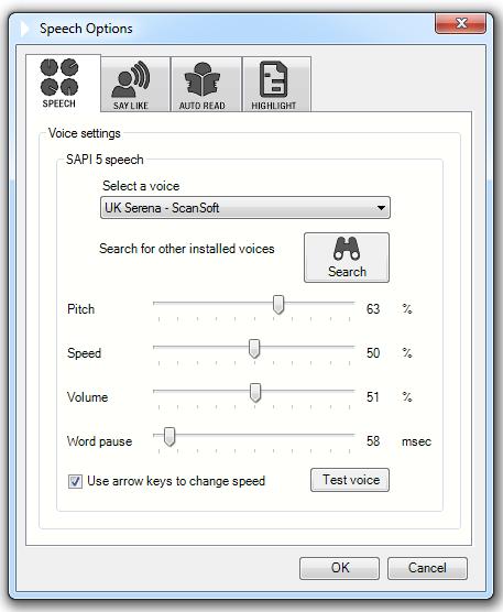 Figure 3: Read & Write Gold Speech Options From the Speech Options menu, you can change the type of voice, pitch, volume and speed of the voice. Reading Web Pages 1.