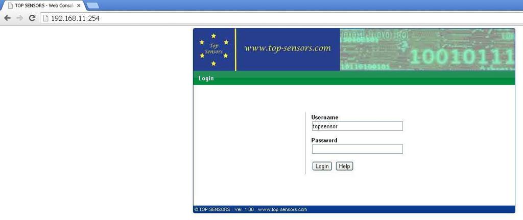 Enter the TOPSENSOR user name and the password supplied with the
