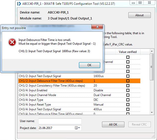 Operation Figure 4-5: Main window of the T100 Configuration Tool when a parameter is not plausible If the displayed parameters exceed the display space, the user shall also scroll down to the last