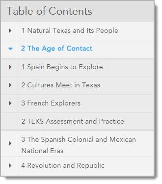 View the Table of Contents The Table of Contents provides publishing information and a list of the sections, units, or chapters for the current book while the reading pane continues to display the