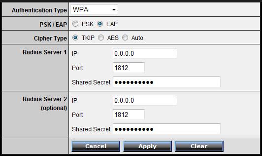 If selecting WPA or WPA2 (Wi-Fi Protected Access) PSK (Preshared Key), please review the WPA or WPA2 PSK settings to configure and click Apply to save the changes.