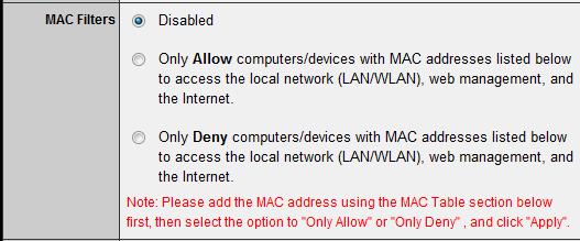 4. Review the MAC Filter options. Disabled disables MAC address filter.