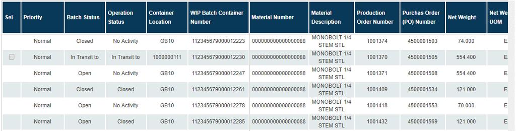 K: Container Location Indicates the supplier/plant at which the container is in rout to or currently located L: WIP Batch Container Number Displays WIP Batch Container number