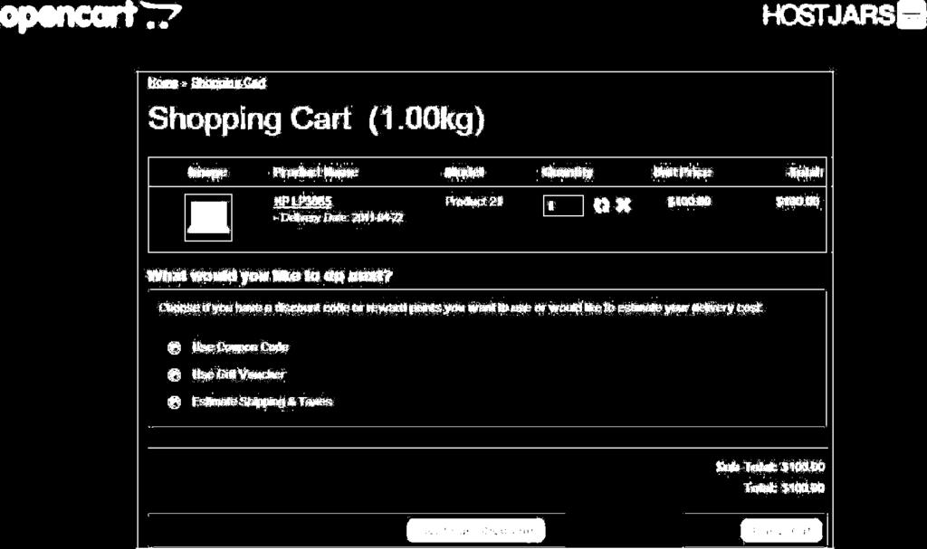 The shopping cart gives an overview of the product selected by including the categories "Image", "Product Name", "Model", "Quantity", "Unit Price", and "Total".