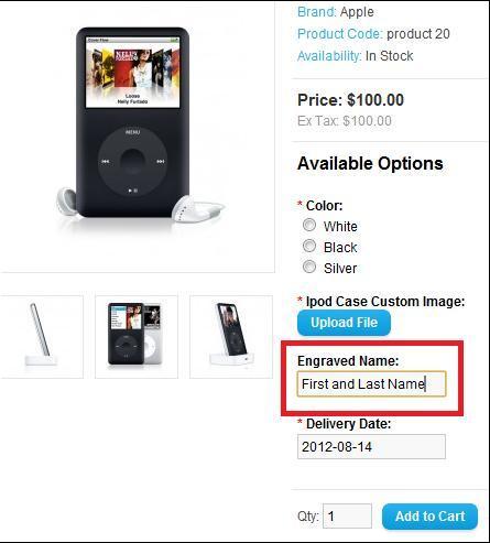 Options displayed in the shopping cart When the customer makes their selection and adds the product to their cart, the shopping cart will display the ipod Classic product options under the Product