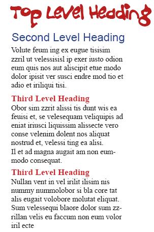 Example of hierarchy Top-level headings can use unconventional fonts Different levels use different font sizes, font