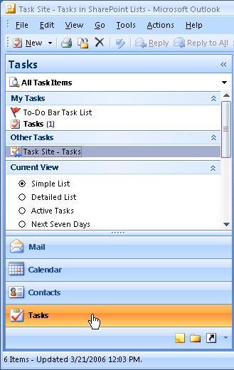 Connect Outlook 007 to a SharePoint Server 007 Task List On a Team Site or My Site, in the left navigation pane under Lists, click Tasks.