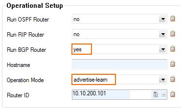 Step Configure Routes to be Advertised via BGP Only routes with the parameter Advertise set to yes will be propagated via BGP. 6. 7. Go to CONFIGURATION > Configuration Tree > Box > Network.