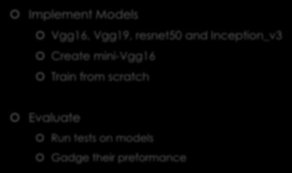 test/train/ validitation datasets for each case Implement Models Vgg16, Vgg19, resnet50 and