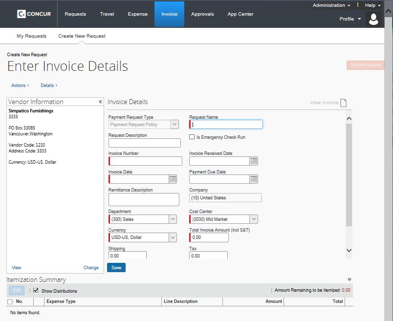 Manually Creating a Payment Request from an Existing Vendor Creating a New Payment Request From the Invoice tab,