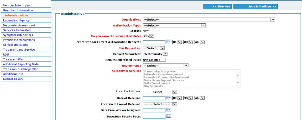 17. Requesting Agency Page - Fill out all of the sections in red, and click Yes for Is this agency/individual the treating provider? Click Save and Continue. 18.