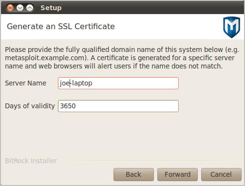 11.Enter the server name that will be used to generate the SSL certificate. 12.