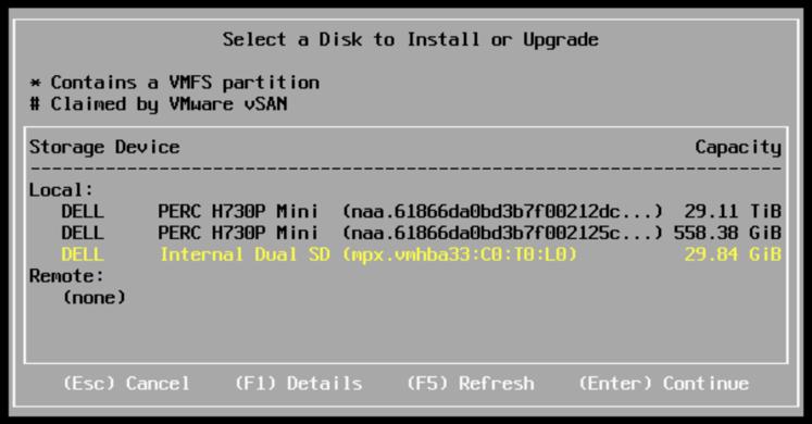 The Installer will open a screen that allows the choosing of the disks the ESXi
