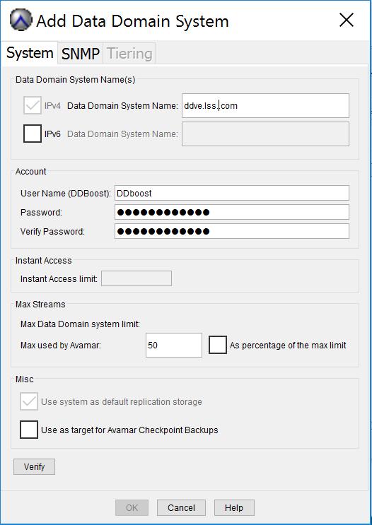 4. Fill out the DDVE hostname or IP, DDBOOST credentials on the first tab and SNMP String on the second tab (Using the same SNMP Passphrase