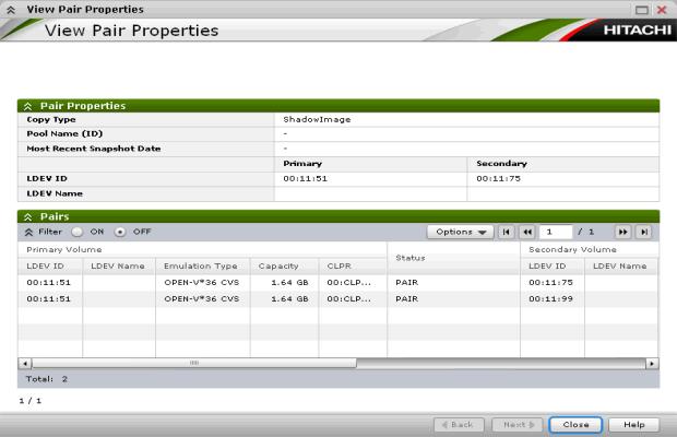 View Pair Properties window Use this window to review pair and volume details for local replication. For detailed information, see Monitoring pair, volume details on page 6-7.