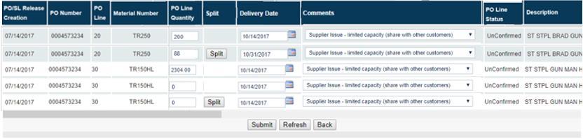 (7) (8) (9) (10) If you want to split to PO Line into more than 2 delivery lines, click the Split button (11) to