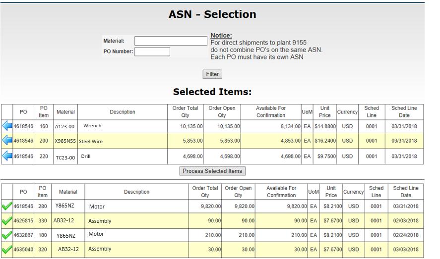 Once you have all the orders you want to include in the ASN in the Selected Items