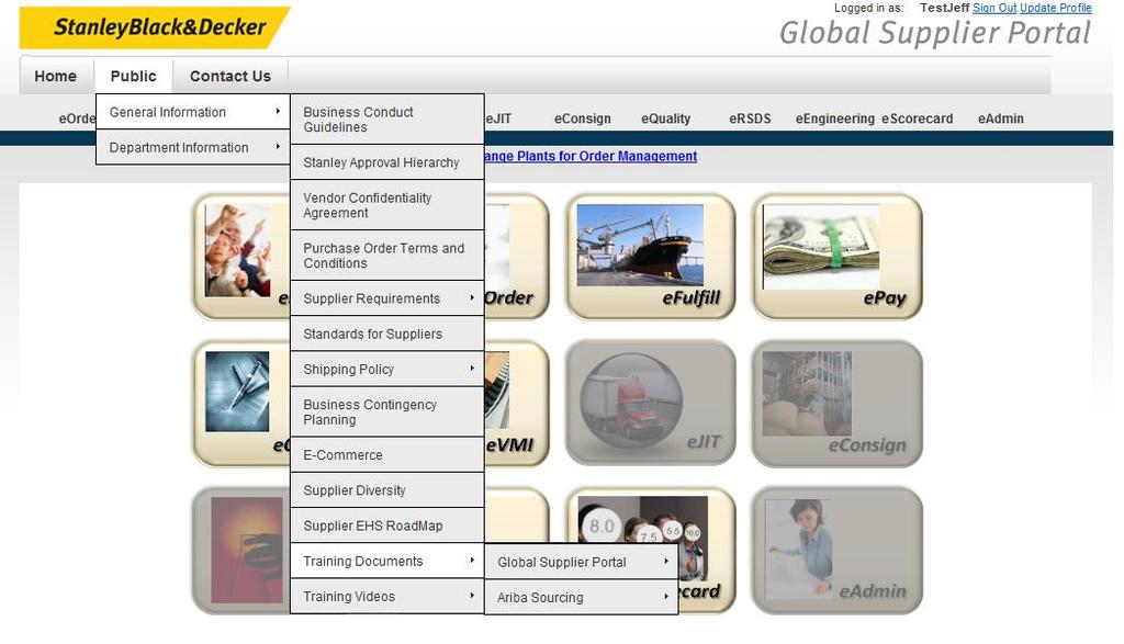 To access the Global Supplier Portal and other supplier related documents simply mouse over the Public tab and click on the file you want to view.