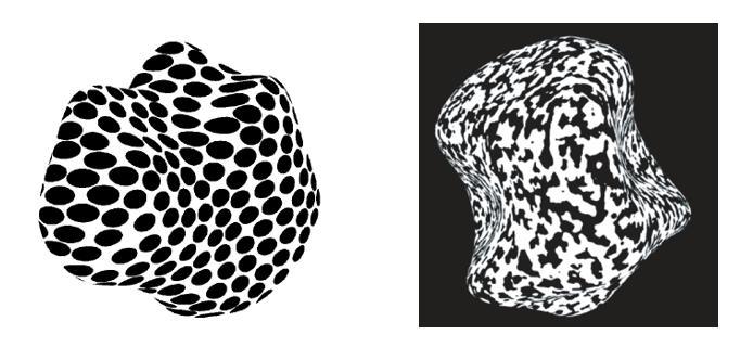 Consider two surfaces rendered below 1 which are smooth random blobby shapes. The texture on the surface tells us something about the surface 3D shape.