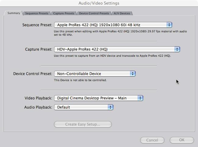 Step #3 Set your Sequence, Capture and Device Control Presets then Click OK. Since Final Cut Pro does not handle AVCHD natively, you must set your Presets as shown above.
