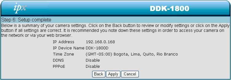 Step 6: If DHCP is selected, a summary of the DDK-1800BC s settings