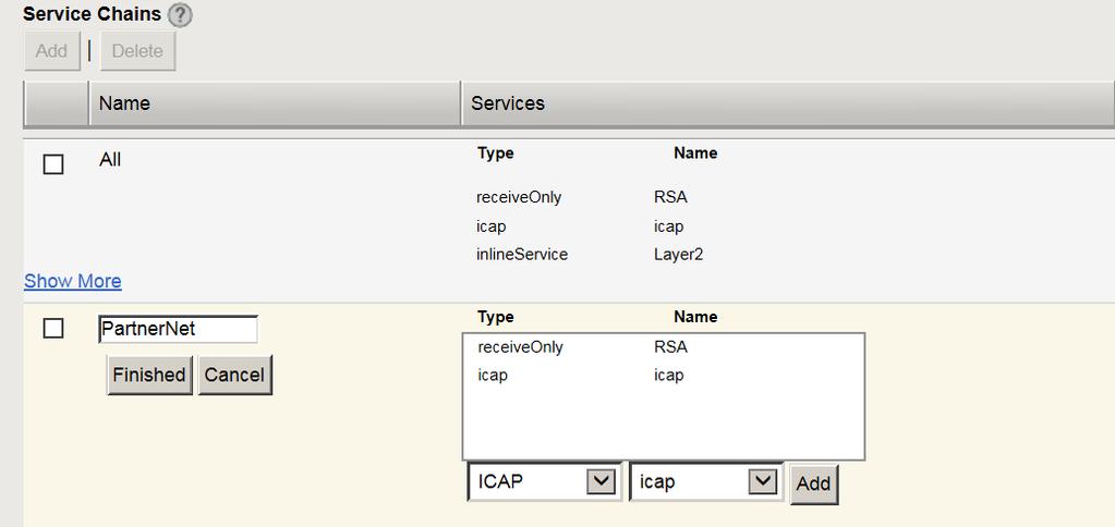 Appendix Creating service chains to link services Before you can set up service chains, you must configure all the services (inline, ICAP, or receive-only).