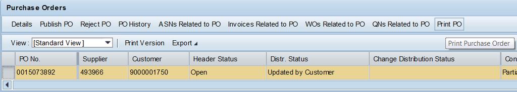 Go to Menu ->Purchase order -> Purchase order overview -> Input PO no and click GO ->Click on PRINT PO tab to print order.