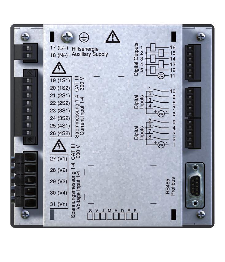 Inputs 1-4 RS485 Modbus/Profibus Ethernet 10/100Base-TX RJ45 Switch Auxiliary Supply N/- L/+ 18 17 PE Current Input 1-4 I1 I2 I3