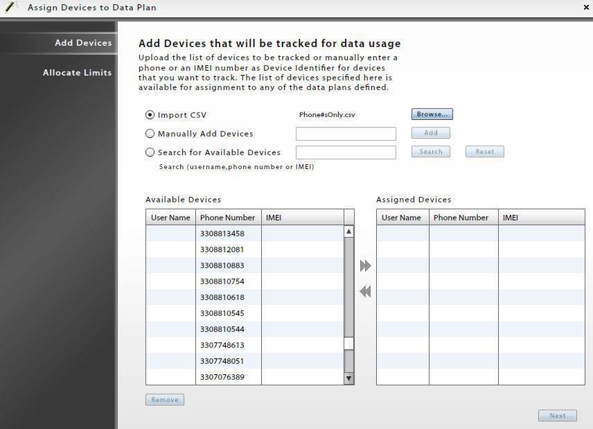 Assigning Devices to a Data Plan Once a data plan has been defined, you can add a device (or devices for shared plans).