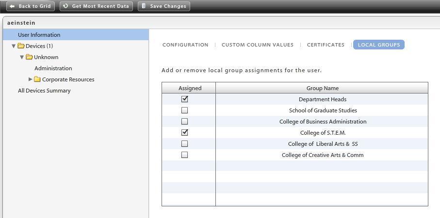 Select the Local Groups tab to view the local groups with which the user is associated. You can add or remove local group assignments for the user, as well.