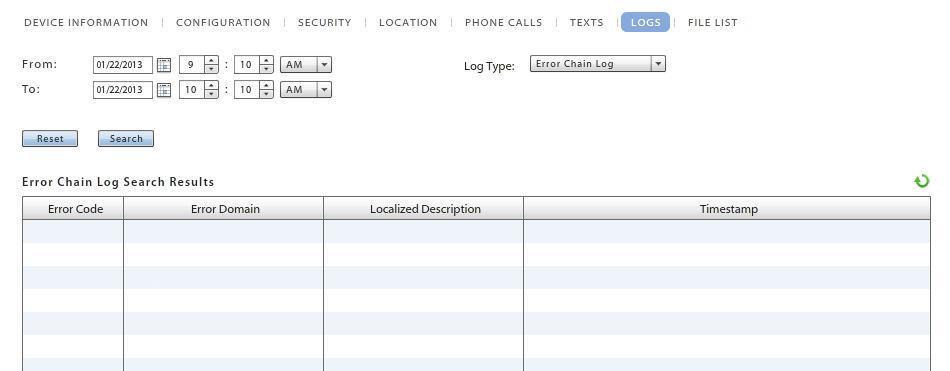 Error Chain Log (ios device specific) The error chain log provides a view of messages detailing errors logged in the ios MDM Sync log.