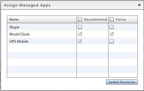 Use the Assign Managed Apps button to make an app assignment at the user level. 3. A pop-up grid appears listing all apps available for the user s device type.