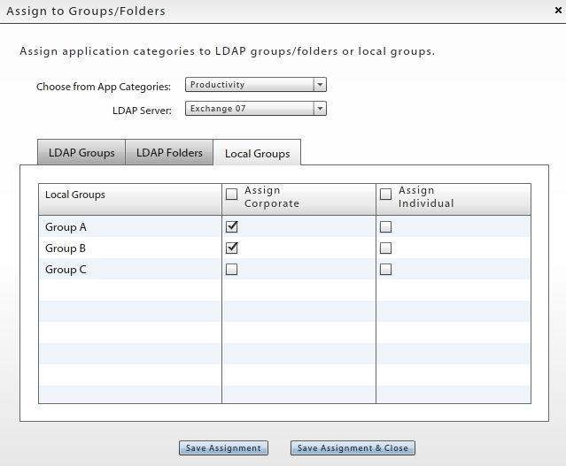6. In the table, select the LDAP Groups, LDAP Folders, or Local Groups tab. 7. In the group list, locate the group to which you are assigning the category and mark the check box.