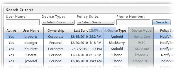 Customizing the User/Device Grid Customize the User/Device Grid by: Rearranging columns Sorting columns Choosing the visible columns Searching for and displaying a distinct category of users Limiting