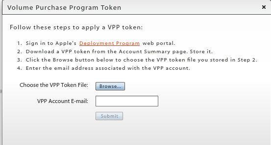 Managing the VPP Token Upload/Edit Click the Upload button to upload the VPP token issued by Apple.