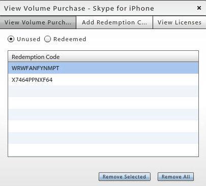 To View or Remove Redemption Codes: 1. Select an app from the ios Managed App list, and then click Manage Volume Purchase. 2. Select the View Redemption Codes tab. 3.