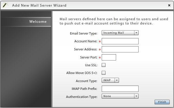 Configure Server Settings The credentials for each server are defined using a wizard: Mail Servers -Email Server Type -Account Name -Server Address -Server Port -Use SSL -Allow Move -Account Type