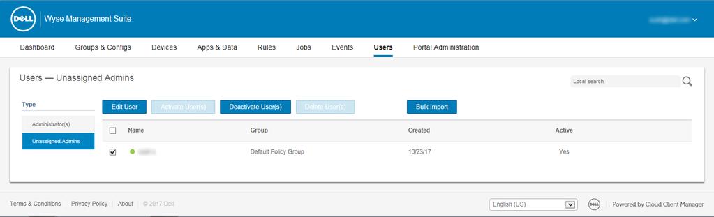 Figure 15. Unassigned admins Topics: NOTE: To import users from the CSV file, click Bulk Import.