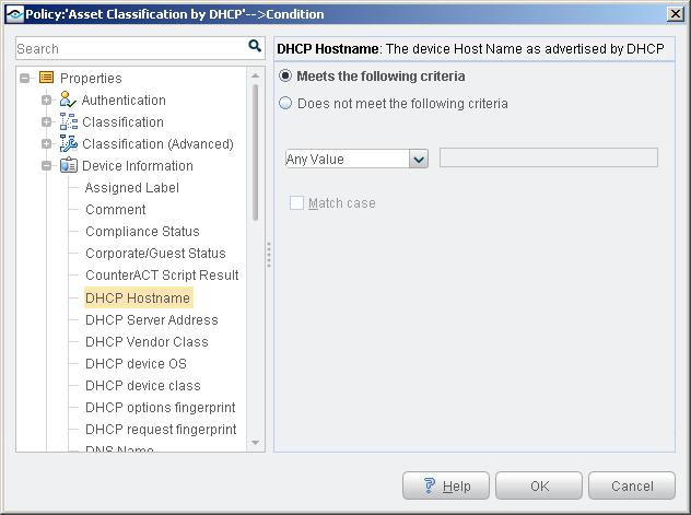 Use DHCP Properties in Policies When you install this plugin, DHCP host properties are made available for use in CounterACT policies.