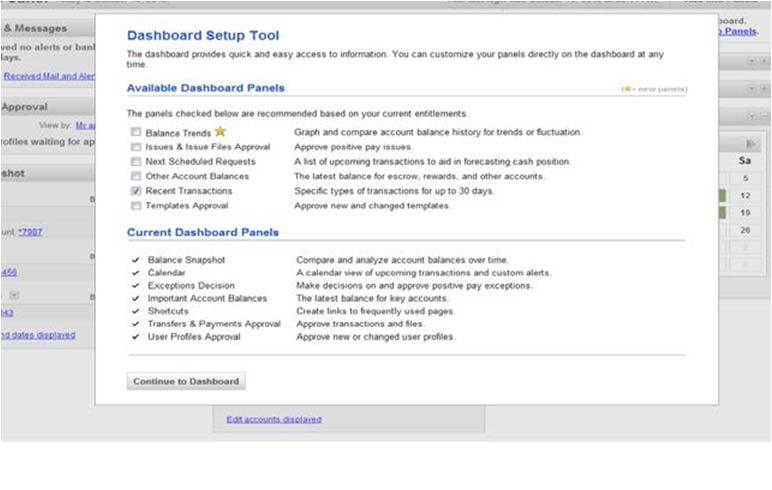 Dashboard Setup Tool Page Sample Adding Panels to the Dashboard Click Welcome. Click the Add Info Panels link.