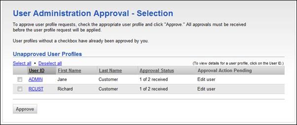 User Administration Approval Selection Page Sample Canceling Company User Changes Click