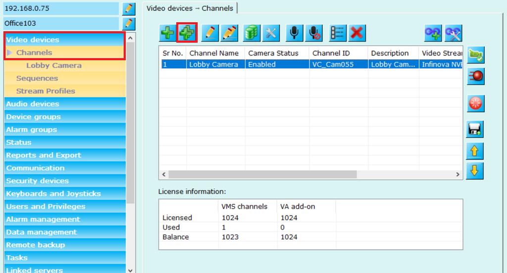 Adding multiple Infinova 307X NVR channels Multiple Infinova 307X NVR channels can be added using Add multiple video channels