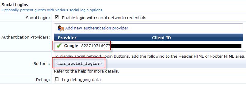 7. Under Social Logins, select Enable login with social network credentials. 8. Click on Add new authentication provider. 9. Select Google from the list. 10.