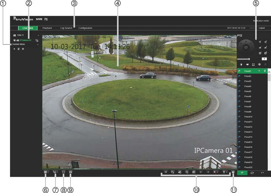 4BChapter 5: Live view Figure 5: Live view in the web browser interface Name Description 1. Custom view Lets you group selected cameras together in live view.