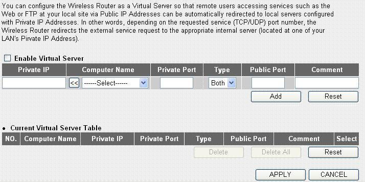 2.7.2 Virtual Server Use the Virtual Server function when you want different servers/clients in your LAN to handle different service/internet application type (e.g. Email, FTP, Web server etc.