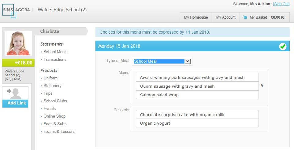 4. For each day, select the Type of Meal from the drop-down list. The options are School Meal, Packed Lunch and Home.