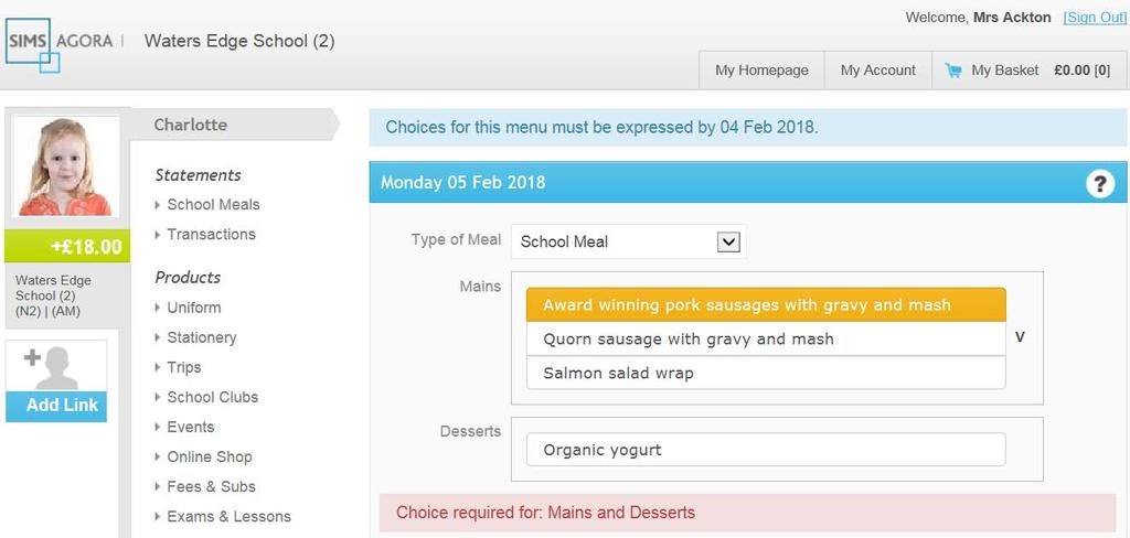 Dealing with Incomplete Meal Choices If, after clicking the Save Choices button, the selection page does not close, check the page for Choice required for messages.